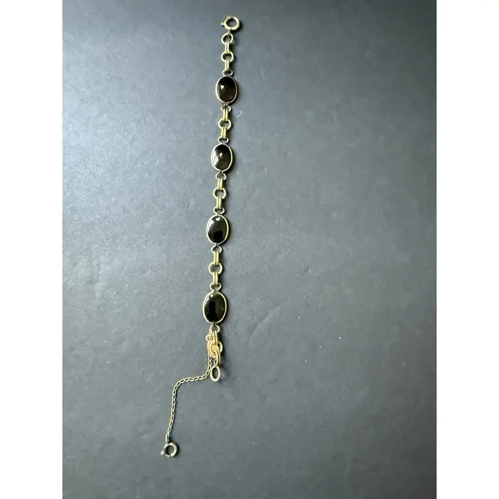 Vintage Sign 12k Gold Filled Russel Oval Black Onyx Stone Chain Link Bracelet 7”